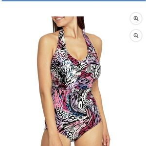 Speedo Pink and Black Festival Fuchsia One Piece Swimsuit Halter Neck Size 8 NWT